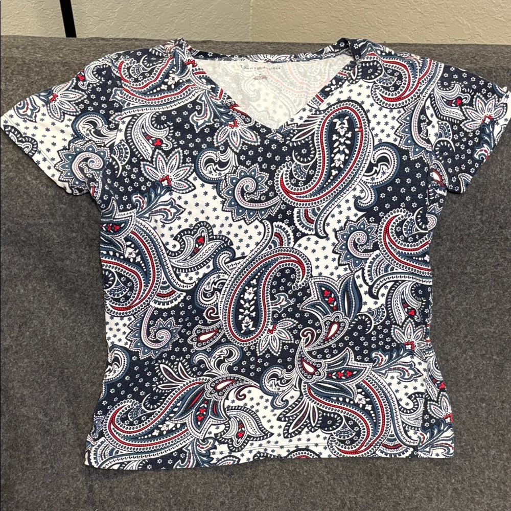 Tommy Hilfiger Navy and White Paisley V-Neck Tee